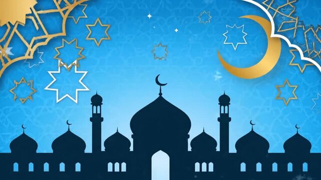 Beautiful Islamic Mosque Silhouette with Crescent Moon and Stars Background.