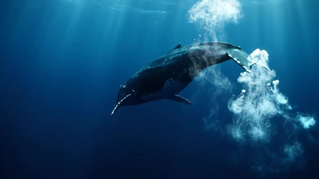 Humpback whale gliding underwater with trailing bubbles in deep blue ocean