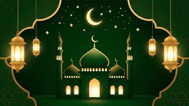 Beautiful Islamic Mosque with Crescent Moon and Lanterns at Night.