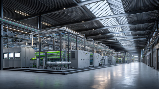 Sustainable industrial technology concept with a modern renewable energy plant interior, bright and clean high-tech factory facility with pipes and machinery