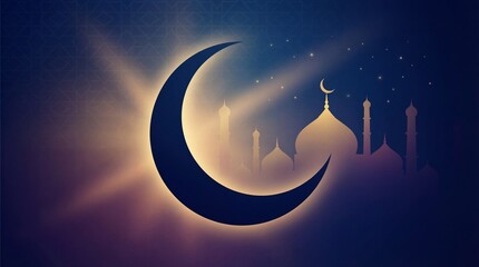 Glowing crescent moon and mosque silhouettes in a spiritual deep blue digital illustration of the night sky.