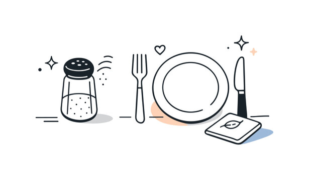 Dining table detail. A salt shaker paired with a subtle suggestion of place setting, keeping the composition light and uncluttered. The scene