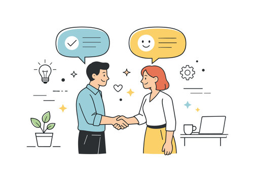 Conflict resolution in the workplace. Employees shaking hands after a constructive conversation, with dialogue bubbles above them. The mood
