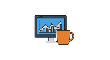 Computer monitor with coffee cup beside.