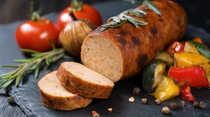 Savory Plant-Based Sausage with Colorful Vegetables and Fresh Herbs on a Slate Board, Perfect for Healthy Cooking and Meal Preparation