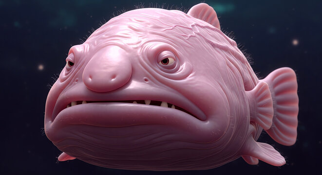 Intriguing 3D illustration of a blobfish, an unusual deep-sea creature, depicted with a distinctive, almost grumpy expression against a dark, watery backdrop