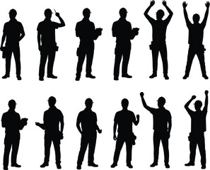 Collection of construction worker silhouettes in various poses isolated on white background, professional laborer characters with tools for industry and engineering concepts