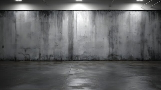 Weathered concrete wall in an industrial space with dramatic lighting