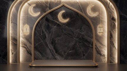 Dark and luxurious 3d rendered islamic stage with glowing crescent moons and golden display platform.