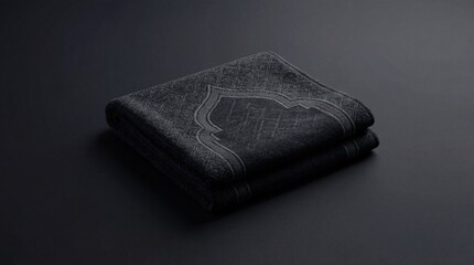 Minimalist studio shot of an elegant black folded prayer rug featuring a subtle arch pattern on a solid dark background.