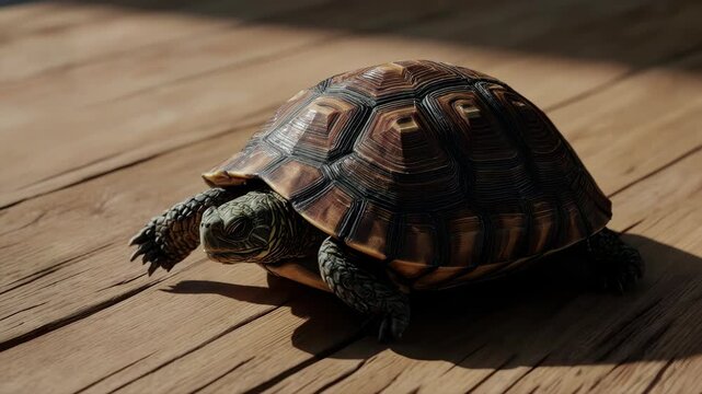 Reptile Shell Armor. Animal Classification (Basic Animal Groups). Reptiles. A slow-moving turtle with a highly textured, geometric shell, set on a clean wooden surface
