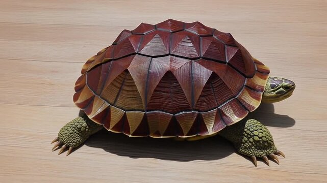 Reptile Shell Armor. Animal Classification (Basic Animal Groups). Reptiles. A slow-moving turtle with a highly textured, geometric shell, set on a clean wooden surface
