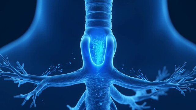 Detailed blue 3D render of the human trachea and bronchi branching with subtle pulsing light effect highlighting the airway passage and surrounding neck structure on a dark background