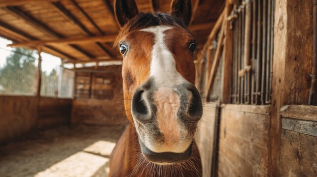 Horse shows funny face in sunlit stable bringing smiles and joy to all Generative AI
