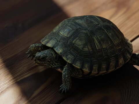 Reptile Shell Armor. Animal Classification (Basic Animal Groups). Reptiles. A slow-moving turtle with a highly textured, geometric shell, set on a clean wooden surface
