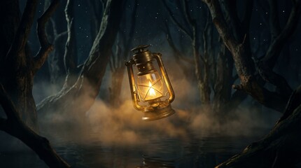 A mysterious golden glow emanates from an antique lantern floating above the misty water in a dark forest swamp illustration.