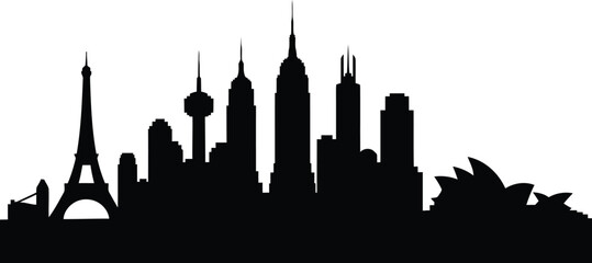 Obraz premium Vector black silhouette of famous world city skylines including Paris, New York, and Sydney landmarks, isolated on transparent background.