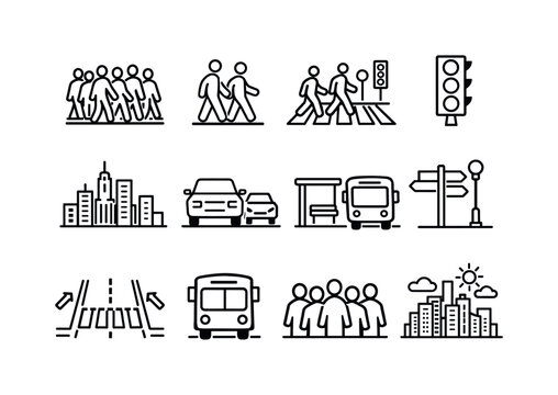 Urban Street Icons. Busy Street. Line icon set of Busy Street: crowded sidewalk, pedestrians walking, street crossing, traffic lights, city buildings, cars