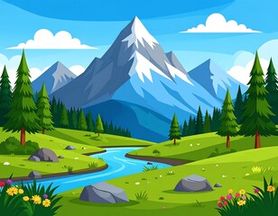 Sunny cartoon landscape with mountains, green fields, and a flowing river beneath a blue sky with scattered clouds