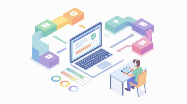 online learning workflow, laptop without logo, abstract course modules blocks without text