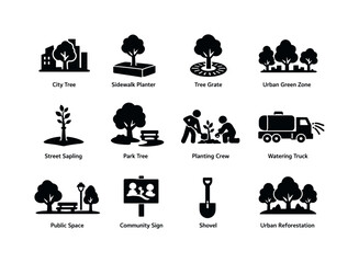 Urban Tree Planting. Solid icon set of Urban Tree Planting: city tree, sidewalk planter, tree grate, urban green zone, street sapling, park
