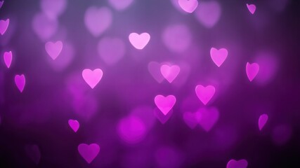 Colorful Bokeh Background Featuring Pink Hearts on a Deep Purple Backdrop, Perfect for Romantic or Festive Themes