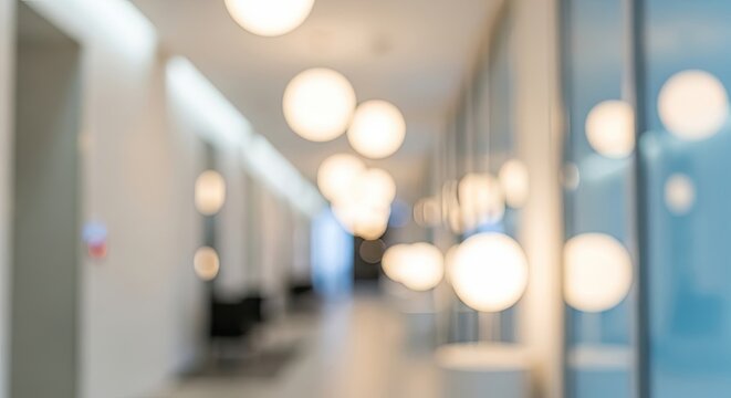 Abstract blurred background of a modern office hallway with glowing bokeh lights.