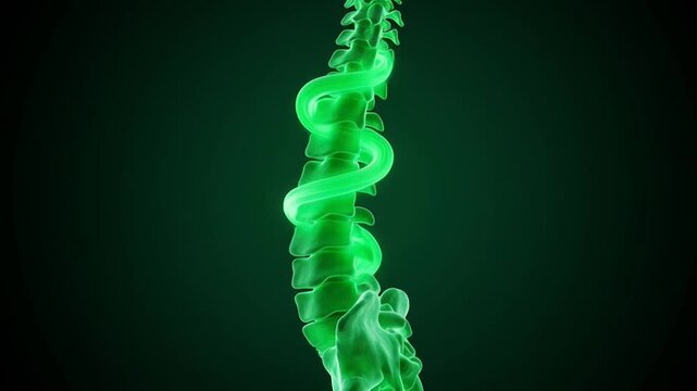 Glowing Green Human Spine With A Snake Wrapped Around Vertebrae Against A Dark Green Gradient Background With Subtle Lighting