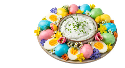 Easter egg platter with dip isolated on transparent background