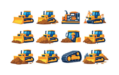 Naklejka premium Bulldozer. Colorful flat vector icons set of bulldozer: front blade bulldozer, tracked wheels, construction vehicle, heavy machinery,