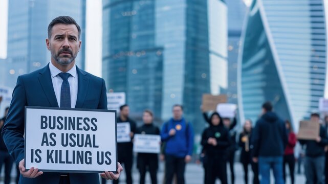 A middle-aged Caucasian man in a business suit holding a sign stating 'Business as Usual is Killing Us' during a protest against corporate negligence in an urban setting crowded with demonstrators.