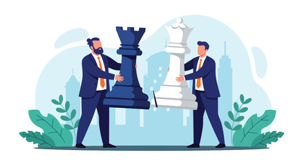 Two business-suited men stand holding giant chess pieces, a black rook and a white king, against a stylized cityscape. The tone is strategic. © Sham