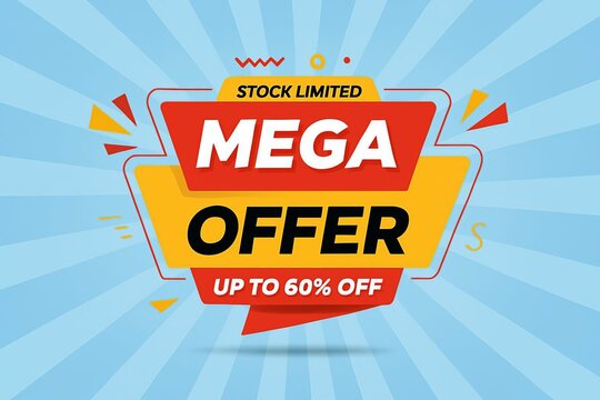 A vibrant mega offer advertisement with up to sixty percent discount.