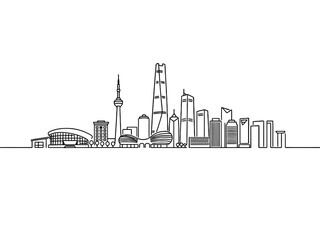 Obraz premium Continuous line drawing of Shanghai city skyline a modern metropolis in China featuring iconic skyscrapers and landmarks against a white background.