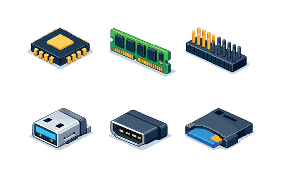 SBC components. Isometric flat vector icons set of SBC components: ARM processor chip, RAM memory module, GPIO pin header, USB connector