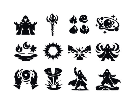   Mythic elemental sorcerer. Filled icon set of Mythic elemental sorcerer: legendary mage,