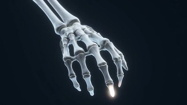 Close Up of a White Skeleton Hand Against a Dark Blue Background With Subtle Lighting Highlighting the Bone Structure and Joints