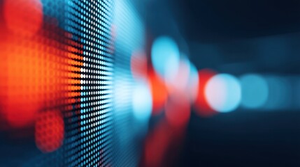 Abstract close-up of illuminated dots on digital surface with vibrant red and blue bokeh effect, perfect for technological backgrounds or modern design projects