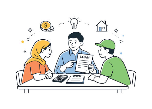 Community microfinance support. A financial advisor helping individuals review simple loan papers at a table, focused and