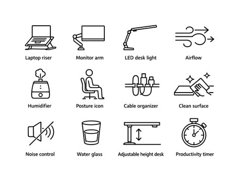 Desk environment optimization. Line icon set of Desk environment optimization: laptop riser, monitor arm, LED desk light, airflow icon,