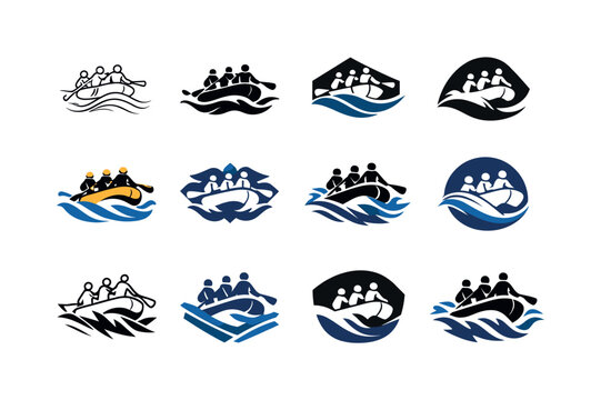 River rafting. Icon set. Set Logo of River rafting: inflatable raft on rapids. harmonious logo variations of the same emblematic concept,