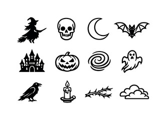 Fototapeta premium Dark fantasy Halloween art. Line outline icon set of Dark fantasy Halloween art: dark witch