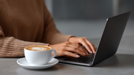 Fototapeta premium Cozy Workspace with a Warm Cup of Coffee and Laptop Ideal for Remote Work and Creative Inspiration in a Modern Environment