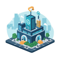 Modern office building with clock tower.