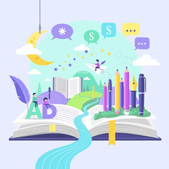 Naklejka premium Open Book with Colorful Educational Icons.