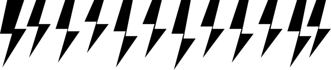Vector illustration of a seamless horizontal pattern featuring black lightning bolt icons repeating across a clean white background, ideal for power or energy themes.