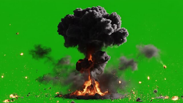 Massive, realistic atomic mushroom cloud explosion rendering effect featuring intense fire, dark smoke, and flying debris isolated on green screen.