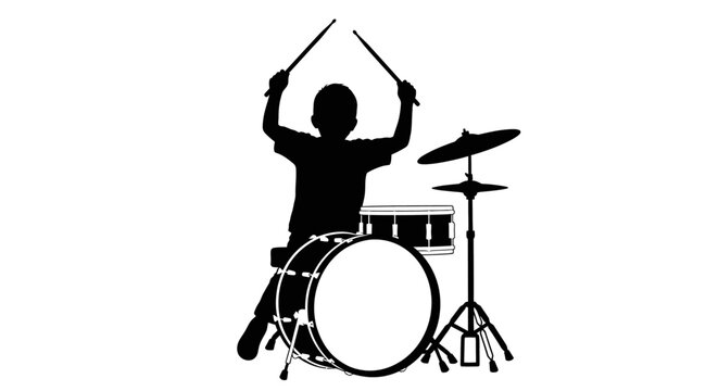 Drummer Silhouette Playing Drum Set Music.