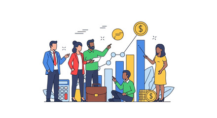 Business team analyzing growth chart with coins and bar graphs