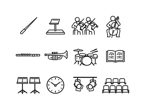   School orchestra. Line outline icon set of school orchestra: conductor baton, orchestra